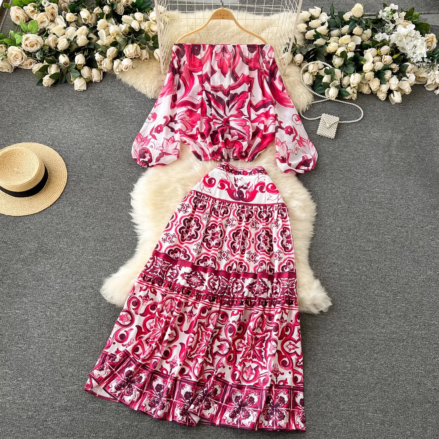 

Summer Runway Holiday Red Blue and White Porcelain Print Two Piece Set Women Long Puff Sleeve Strap Elastic Top＋Maxi Skirts Suit