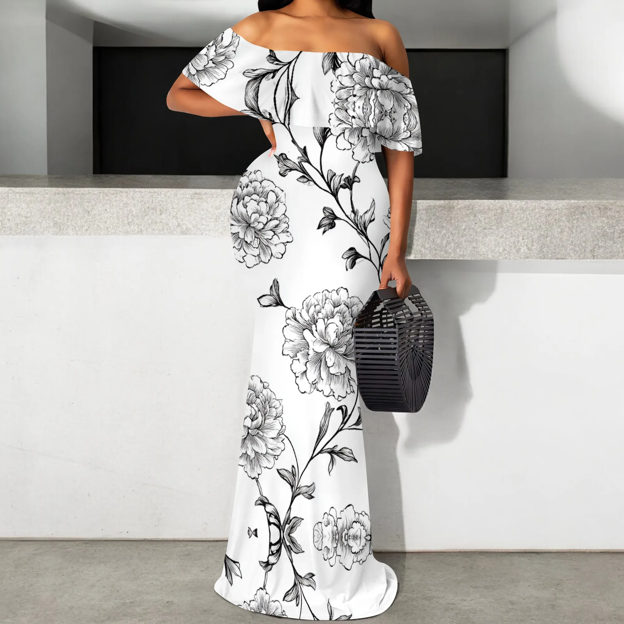 

Women's Elegant Off Shoulder Floral Print Maxi Dress Ruffle Cut Out Mermaid Party Gown Bodycon Formal Evening Dresses