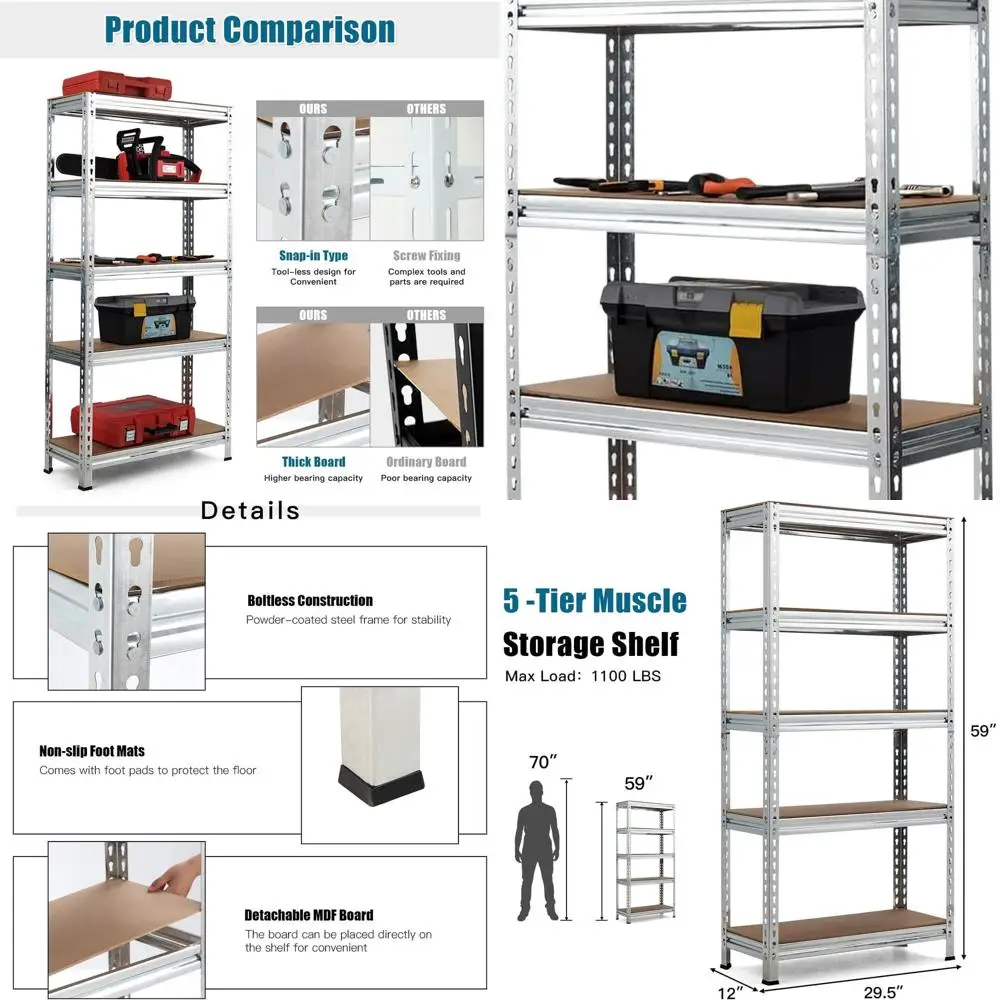 60 Heavy-Duty Adjustable Steel 5-Tier Shelving Unit for Commercial Use, Silver