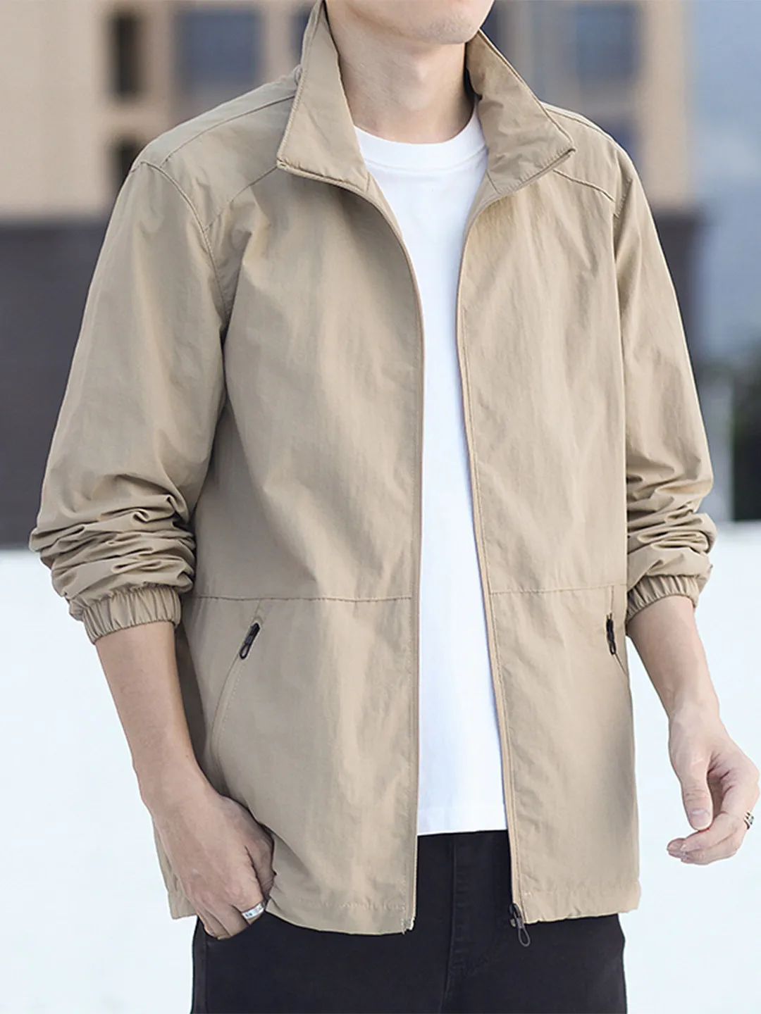 

Men's Casual Spor Thin Jaet Stand Collar Loose Fit Autumn Winter Outerwear Polyester Fiber Long Sve Zipper Closure