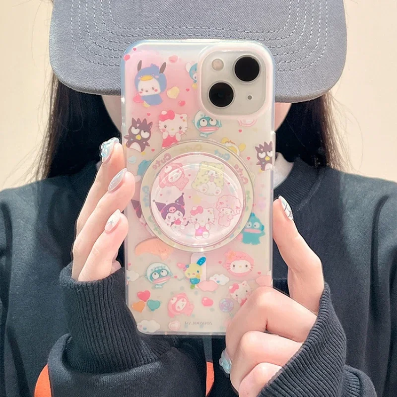 Cute Sanrio Family Hello Kitty Magnetic Holder Magsafe Wireless Charge Phone Case For iPhone 15 14 13 12 11 Pro Max Hard Cover