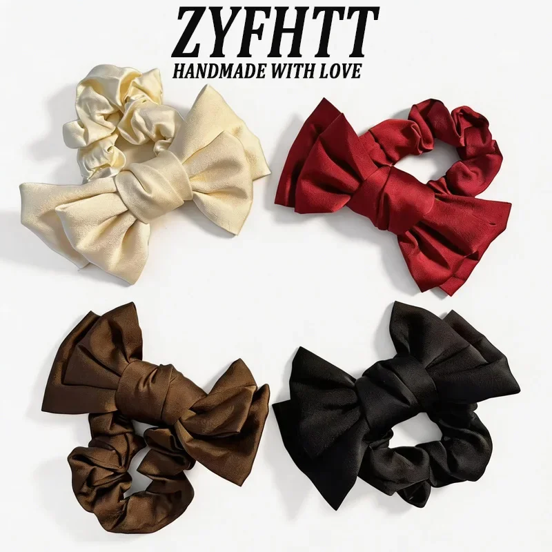 1/4 pièces ZYFHTT Élastiques à cheveux en tissu satiné bordeaux avec nœud pour femmes, style rétro coréen, pour queue de cheval haute, chouchous tendance pour filles