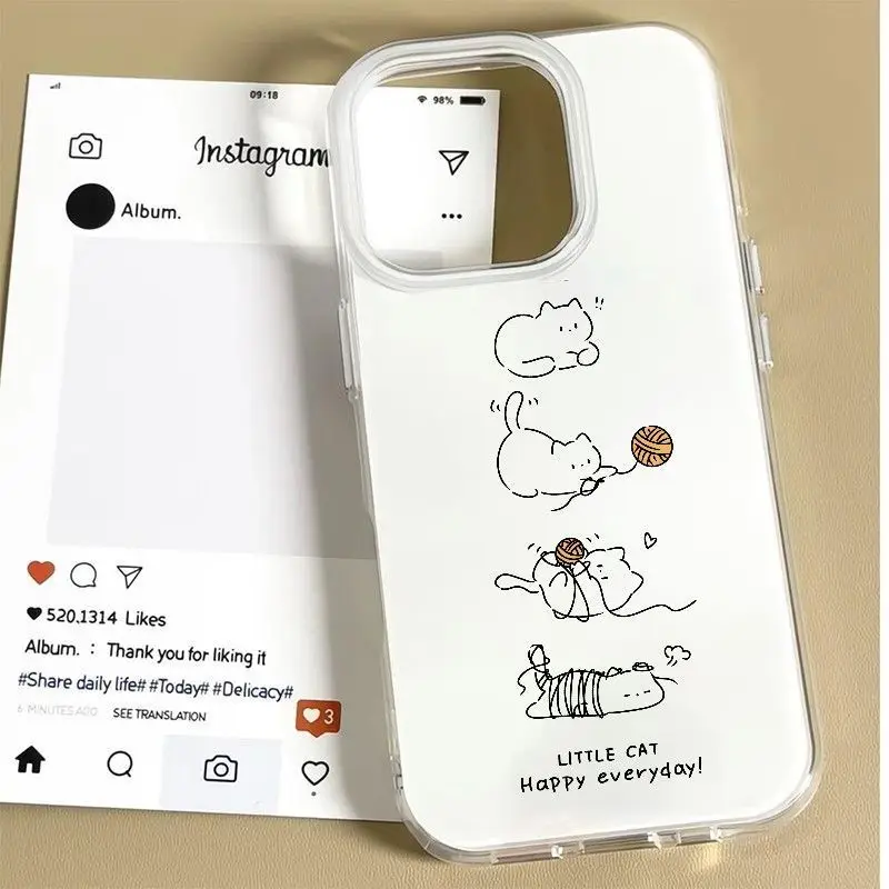 

Korean Style Simple And Cute Line Ball Cat Phone Case For iPhone 17 AIR 16 15 14 13 12 11 PRO MAX PLUS Dustproof Anti Fall Cover