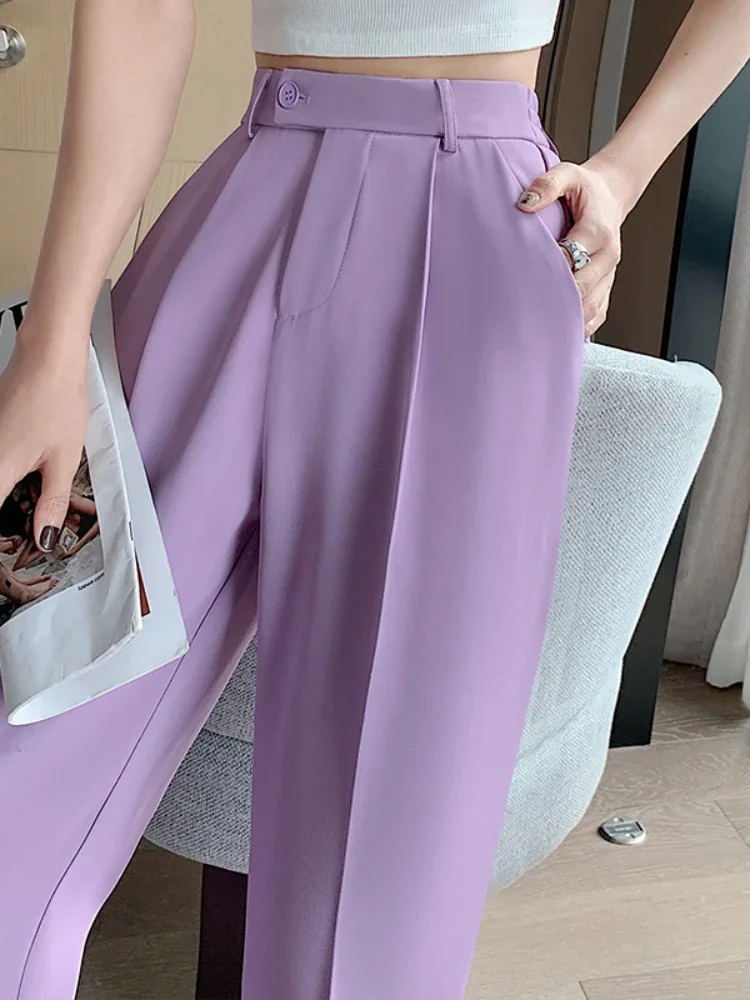 

Woman Wide Pants Casual Summer Loose Button Female Ice Silk Floor-Length Office Ladies Suits Pants Ladies Long Trousers E3664