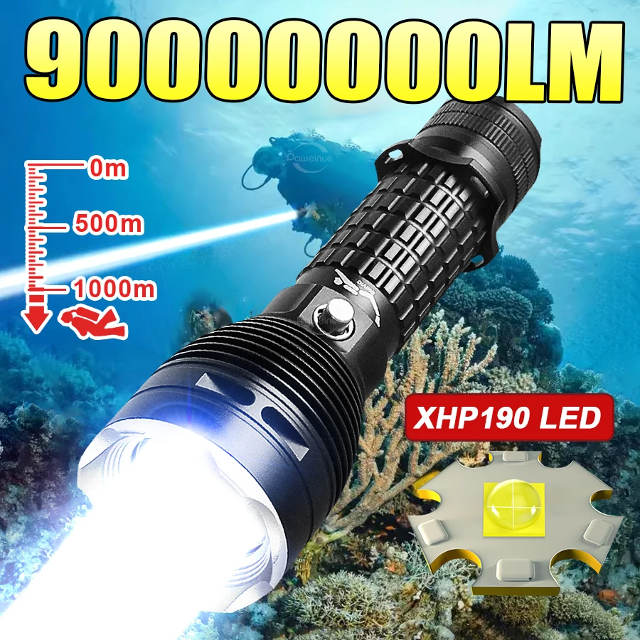 90000000LM Upgrade XHP190 Diving Flashlight Powerful Profession Underwater Lamp Rechargeable Dive Torch IP8 Waterproof Scuba Lam