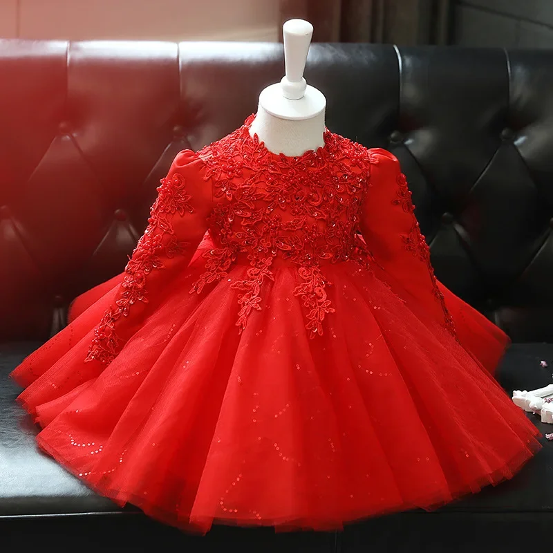 Robe à fleurs rouges pour bébé fille, manches longues, robe de fête de Noël, perles, dentelle, bébé, enfant, premier anniversaire, baptême, mariage