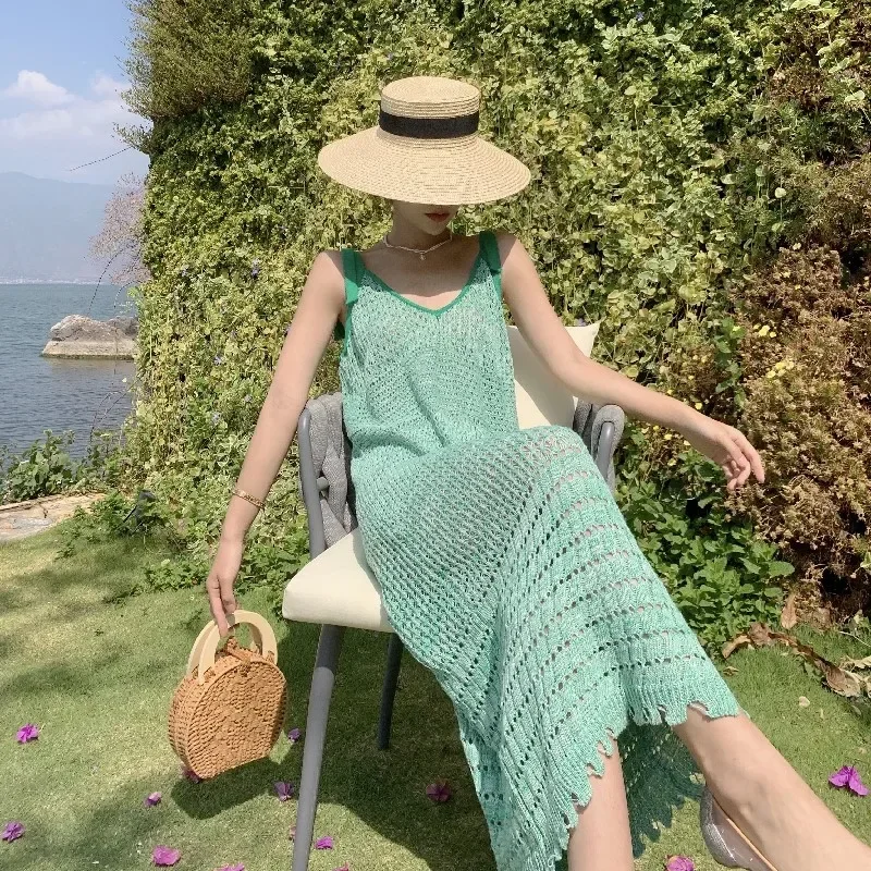 Summer New Crochet Dress Women Backless Fresh Green Holllow Knitted Dress Seaside V-neck Holiday Fairy Sling Beach Dresses