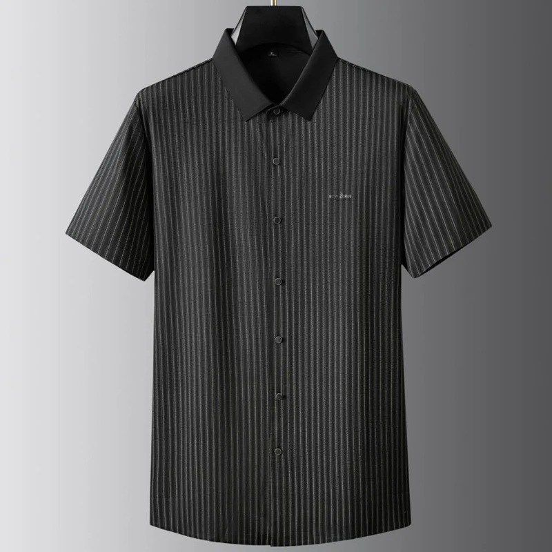 8XL 7XL 6XL 2024 New Summer Striped Chemise Homme High End Ice Silk Breathable Shirt Men Brand Clothing Business Mens Shirts