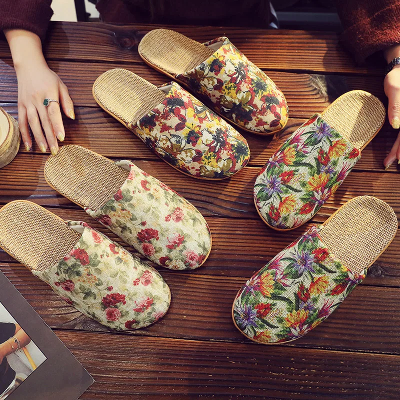 

Льняные тапочки для пары – всесезонные нескользящие дышащие сандалии с принтом, модная домашняя обувь для весны и осени
