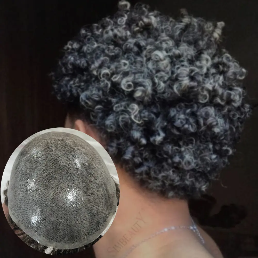 8 مللي متر الأفرو غريب مجعد الاصطناعية الرجال الشعر المستعار سوبر دائم الجلد كامل بولي PU نظام الشعر البشري الحقيقي 1b40 رمادي الشعرية الاصطناعية #1