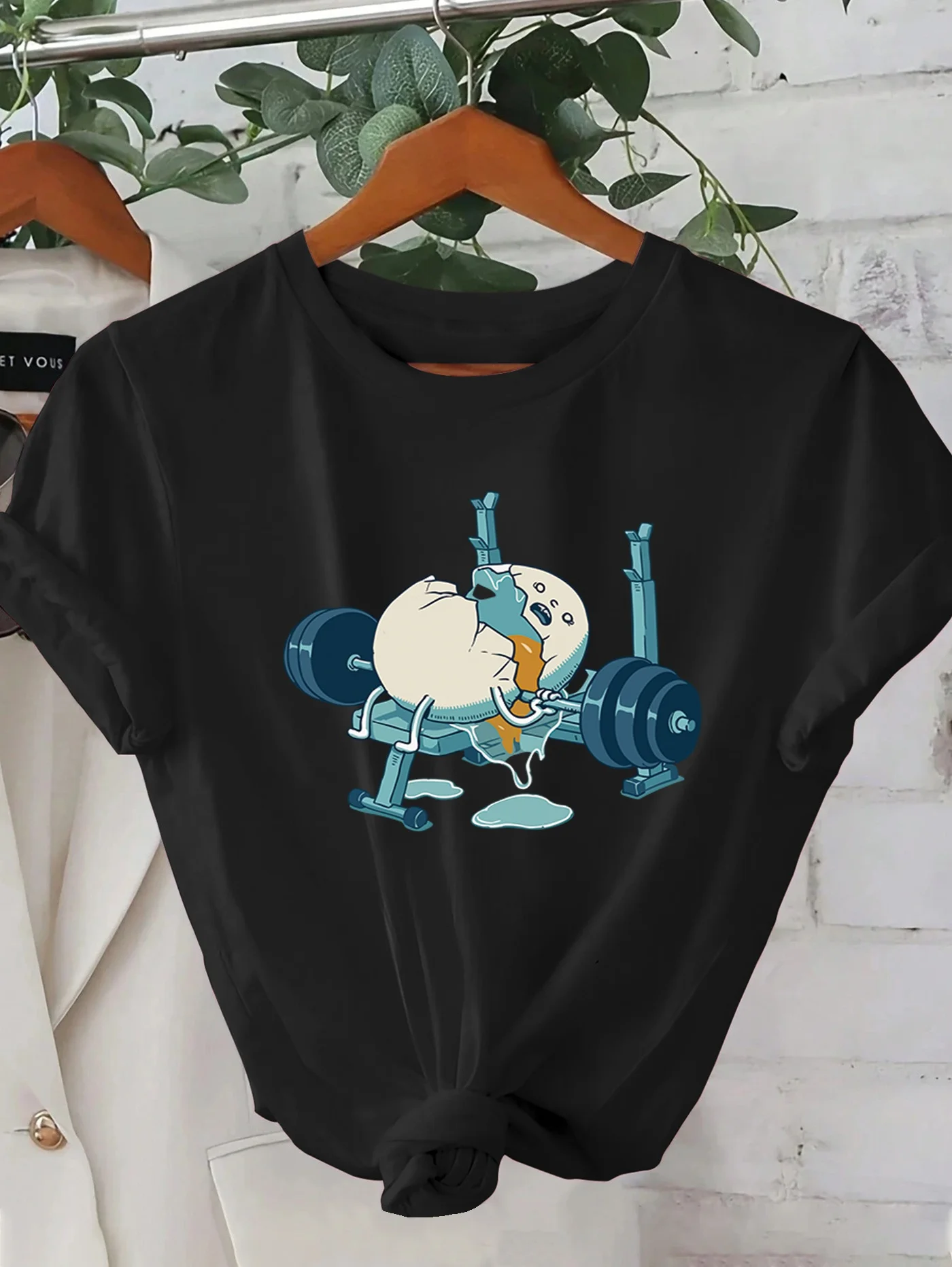 

Women'S Casual Graphic Cute Cartoon Weightlifting Design Sleeve Crew Neck Light Gray Spring/Summer Fashion Aesthetic Clothes