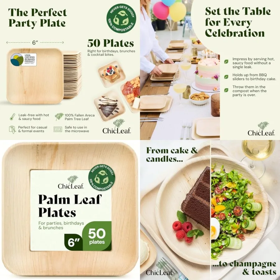 

Palm Leaf Compostable Plates - 6" Square, Pack of 50 - Disposable Dinnerware for your Table, Rustic Bamboo Appetizer Plates - S