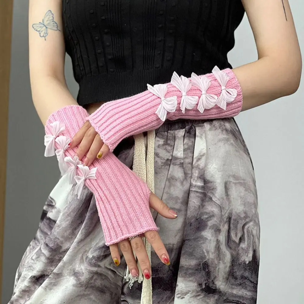 

Kawaii Solid Color Bow Knitted Gloves Gothic JK Arm Warmers Hand Sleeve Japanese Style Fingerless Gloves Ladies