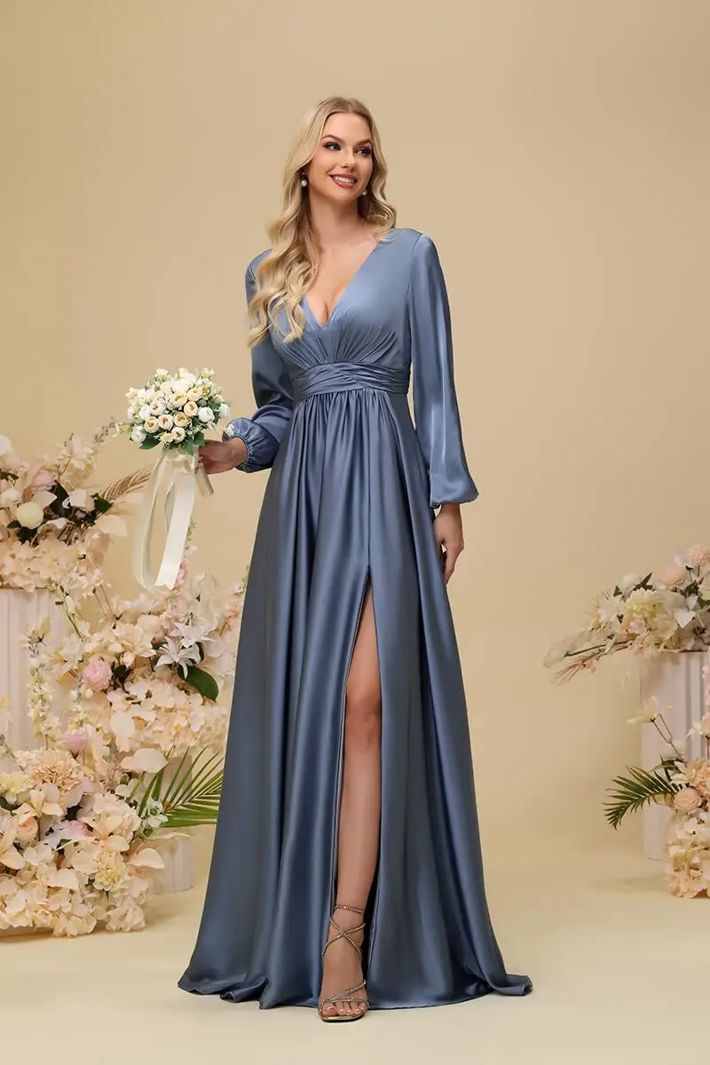 

Women's Satin Bridesmaid Dresses with Sleeves Long with Slit Long Sleeves Formal Dress Evening Gowns