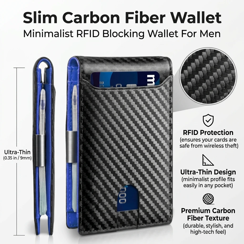 Slim Carbon Fiber Wallet for Men RFID Blocking Minimalist Credit Card Holder Metal Money Clip Thin Bifold Wallet