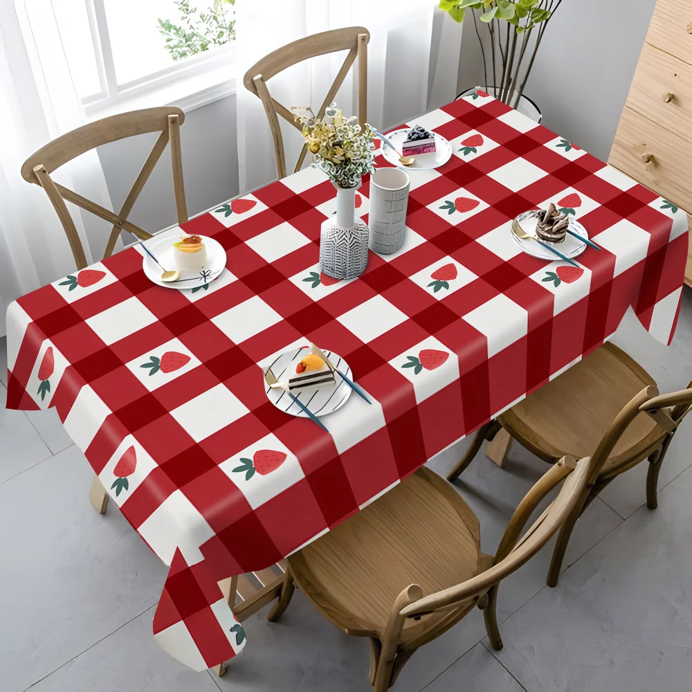 One red checkered strawberry-pattern rectangular tablecloth for outdoor parties, colorful tablecloth
