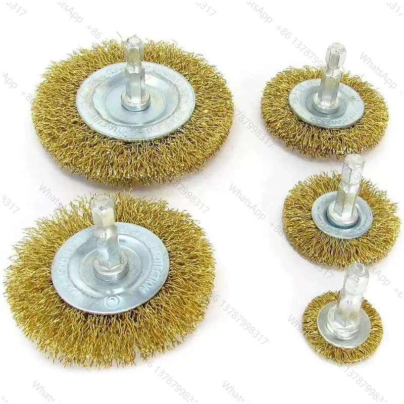 Brass Wire Brush Wheel Set,Wire Brush for Drill 1/4 Inch Hexagonal Shank 0.3mm Coarse Copper Plated Carbon Steel Crimped Wire