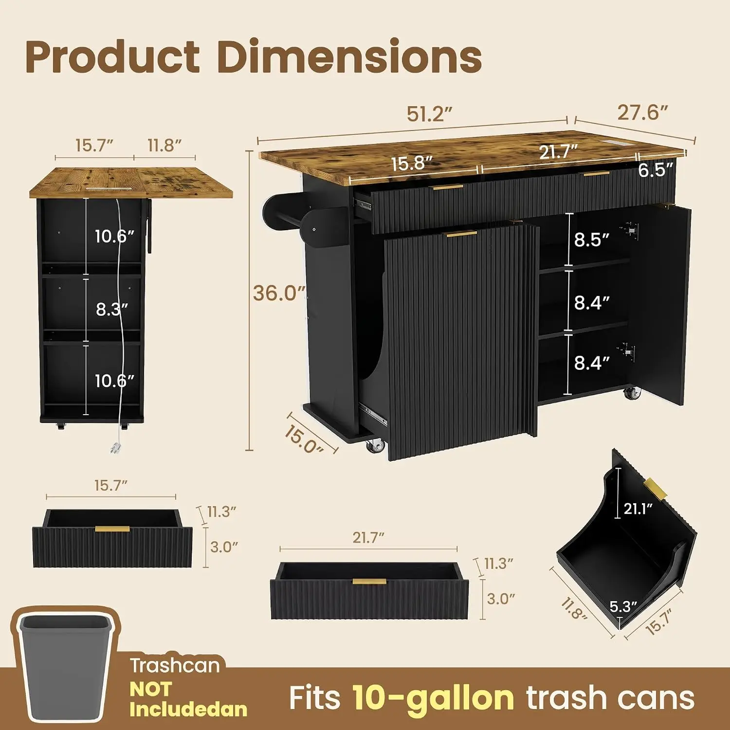 Kitchen Island with Drop Leaf, 56