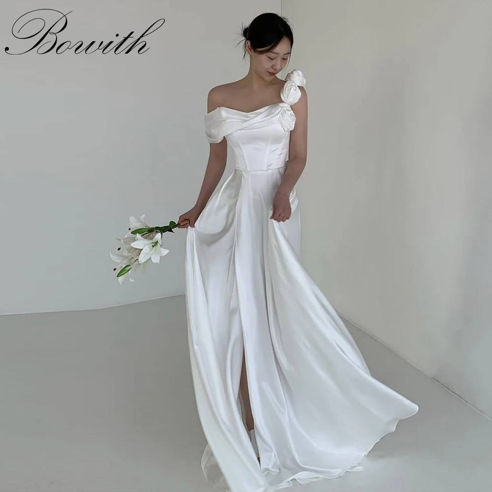 

Bowith Korean Wedding Dresses Handmade Flowers Satin High Slit Bridal Gown Customized Satin Photo Shoot Dresses for Bride