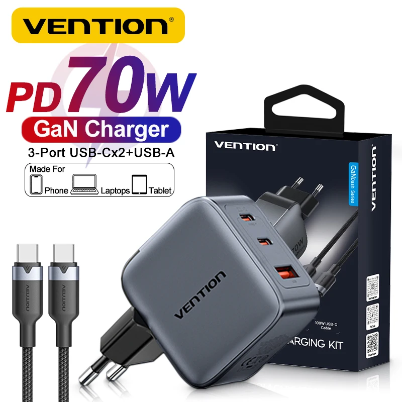 

Vention PD 70W GaN Charger USB Type C Fast Charge 4.0 3.0 for iPhone 16 15 14 Pro Xiaomi MacBook Air Laptop Quick Travel Charger