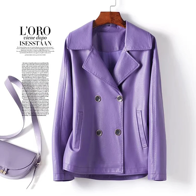 Nouvelle veste courte en cuir décontractée pour femme, col rabattu, double boutonnage, coupe ample, mode printemps-automne