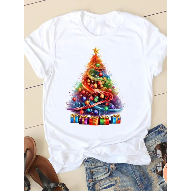 Women Ho Ho Ho Christmas Letter Print T‑Shirt Short Sleeve Round Neck Santa Hat Holly Light Graphic Casual Ladies Fashion Tee