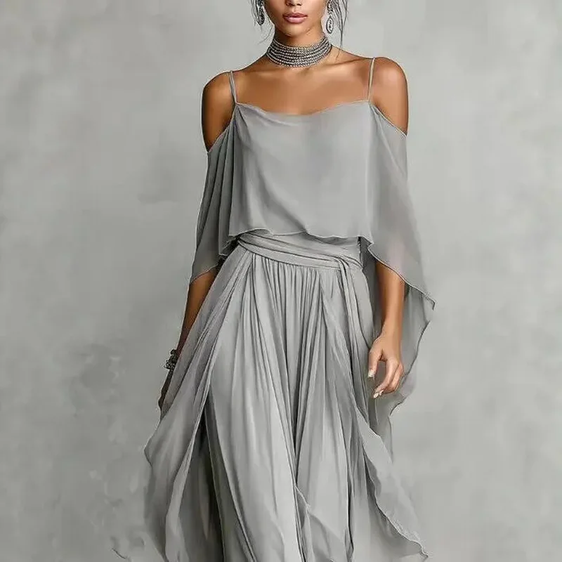 Elegant Off Shoulder Sling Tops Long Pant Set Summer Women Casual Hollow Sleeve Solid 2Pc Suits Fashion Draped Party Suits