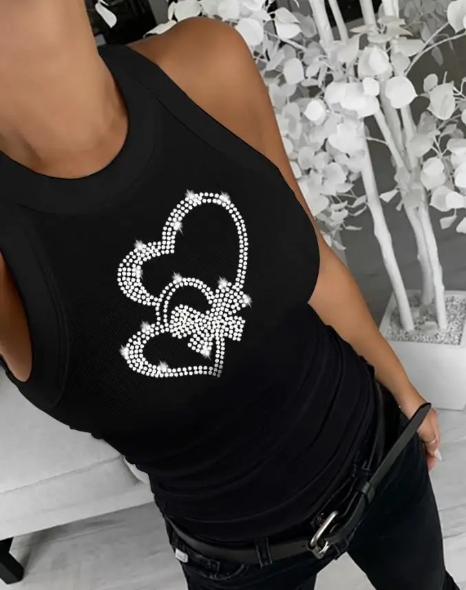 

Valentine's Day Double Heart Bow Shape Water Diamond Decoration Black Thread Round Neck Sleeveless Tight Casual Tank Top