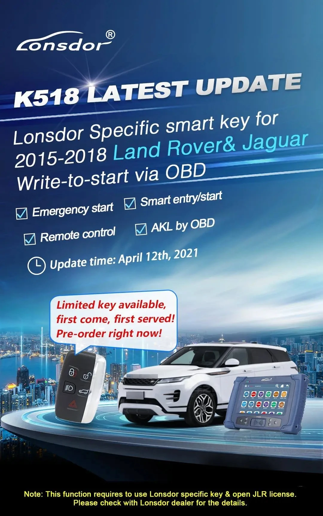 Lonsdor Specific Smart Key 5 Buttons 315MHz/ 433MHz for Land Rover Jaguar 2015-2018 Lonsdor K518 FCCID: KOBJTF10A