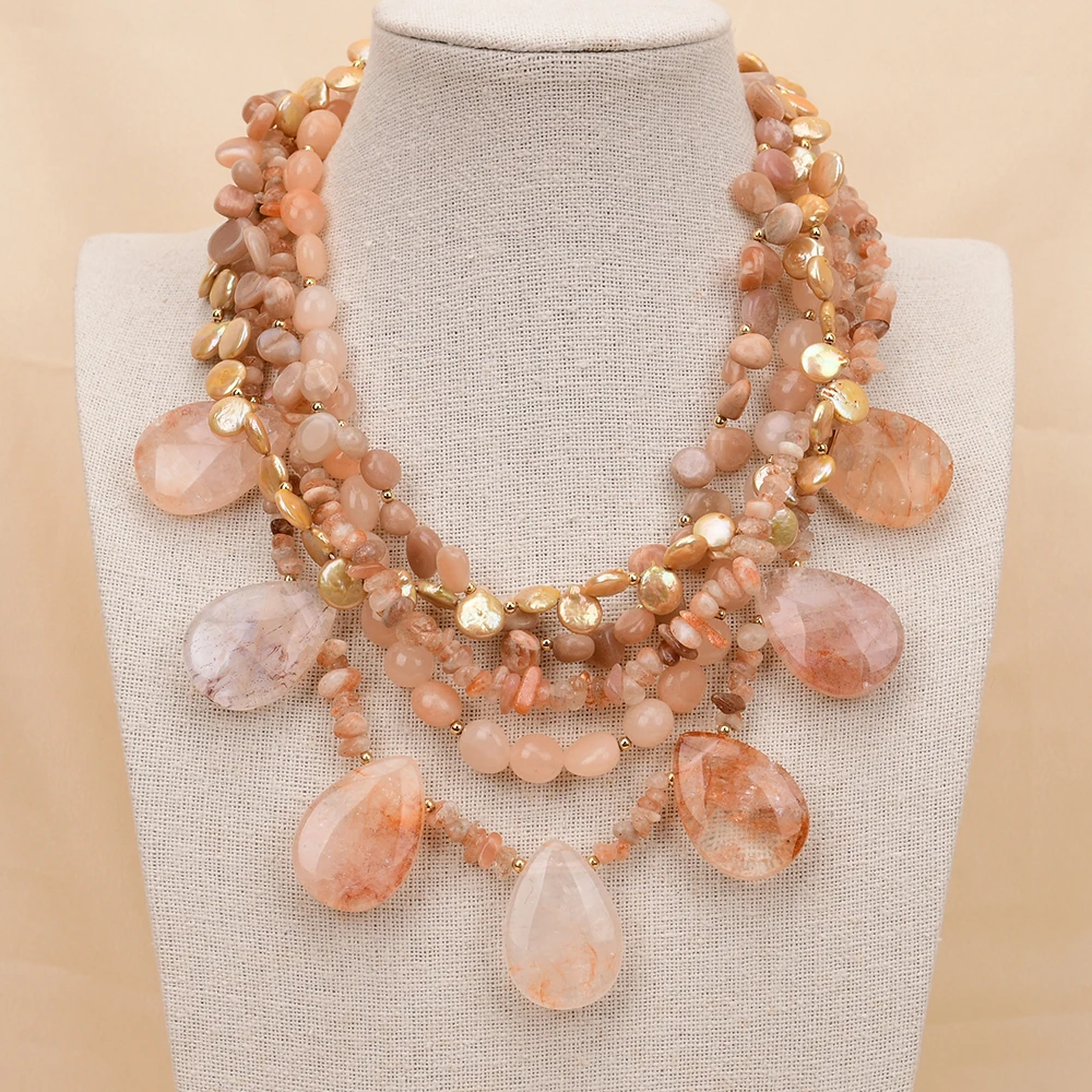 

APDGG NO152 3-рядное ожерелье ручной работы из натурального смешанного камня, кварца, жемчуга, солнечного камня, драгоценных камней, многожильное ожерелье