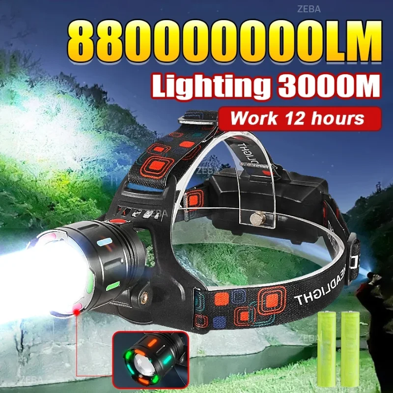 2026 Long Range 3000M High Power Headlight 18650 Rechargeable Led Front Lamp Super Bright Camping Fishing Hunting Head Lantern