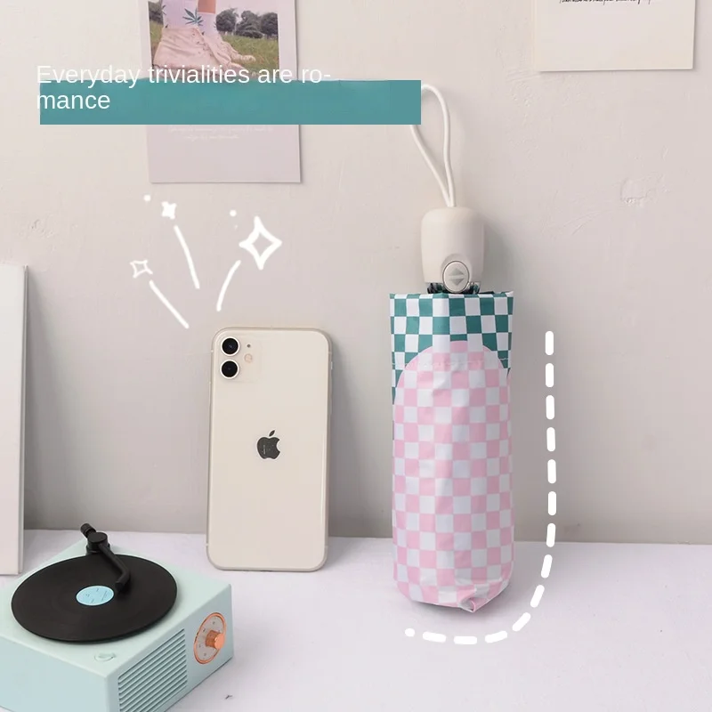 

Розовый и зеленый шахматный зонт для женщин, дождевой или Сияющий Зонт с защитой от УФ-лучей и солнца, автоматический складной черный пластиковый зонт