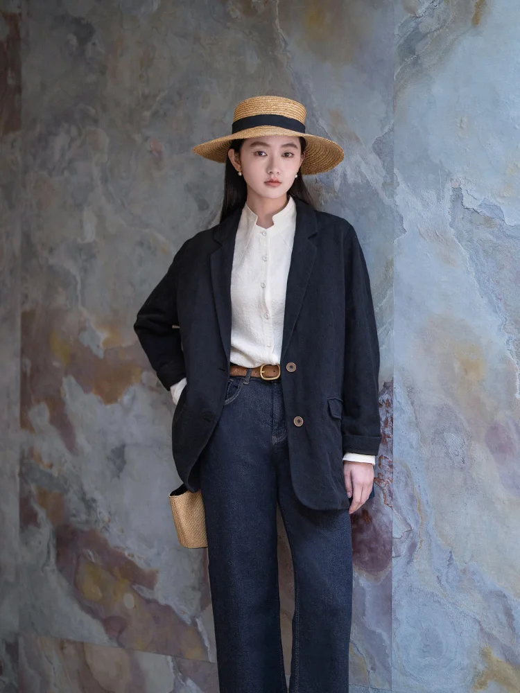 

Женский костюм из длинноволокнистого льна и длинного вельветового хлопка с воротником-стойкой, универсальный, весенняя новинка, оригинальный дизайн, повседневная одежда