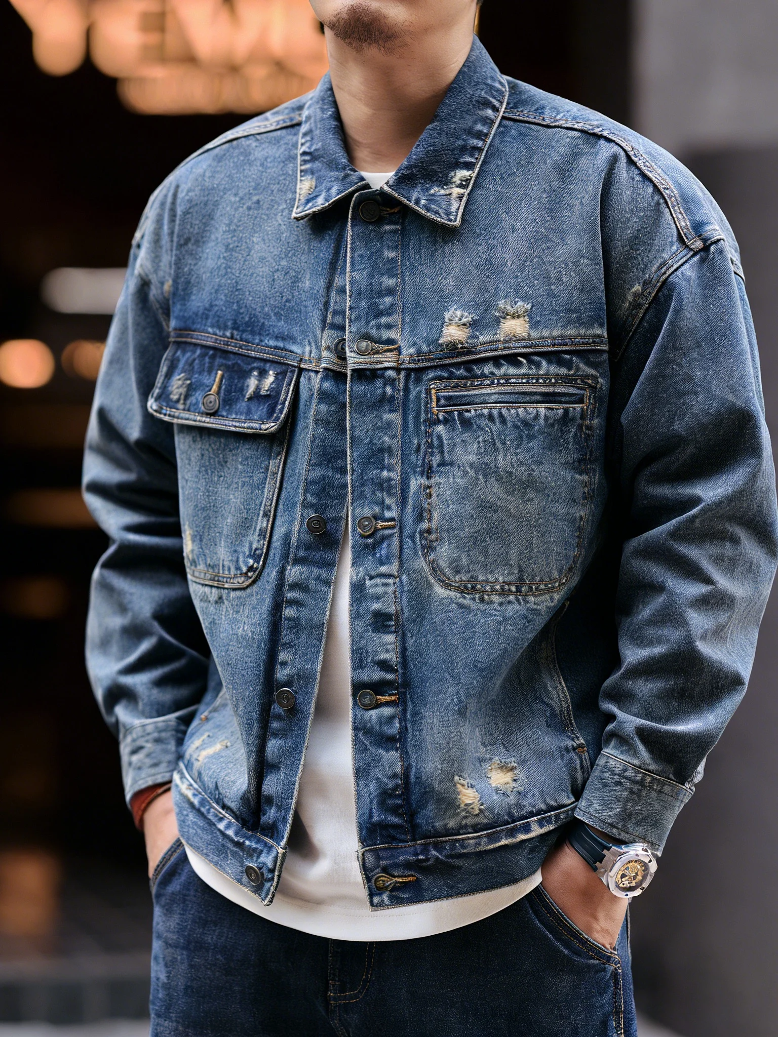 

Американская винтажная джинсовая куртка для мужчин, весна-осень, новая модель, большие размеры, рабочая куртка из смесового хлопка с длинными рукавами