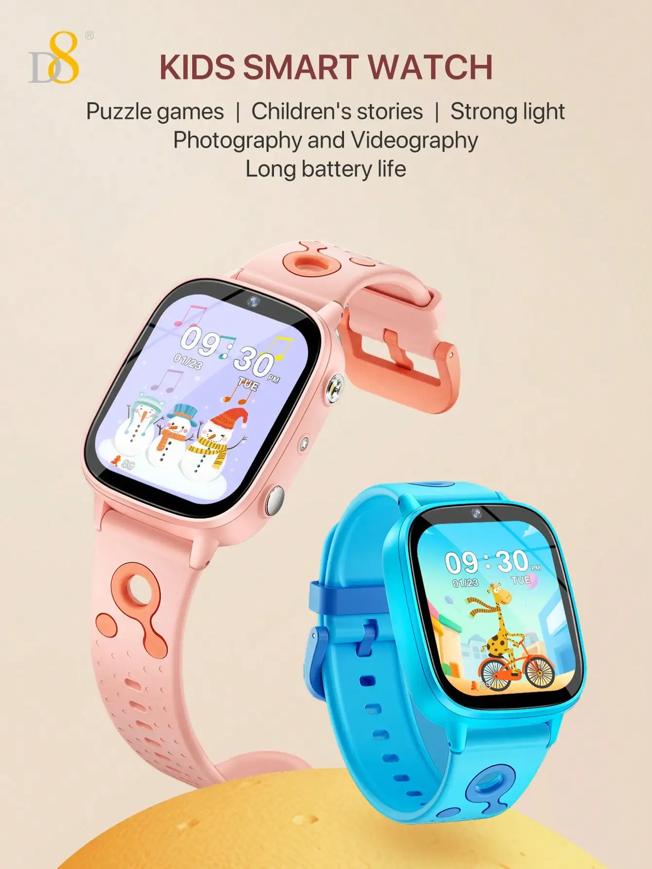 D8 2026 New Kids Smart Watch, HD Touch Screen, Camera & Video Recording, Puzzle Games, Children's Stories, LED Flashlight, Ultra
