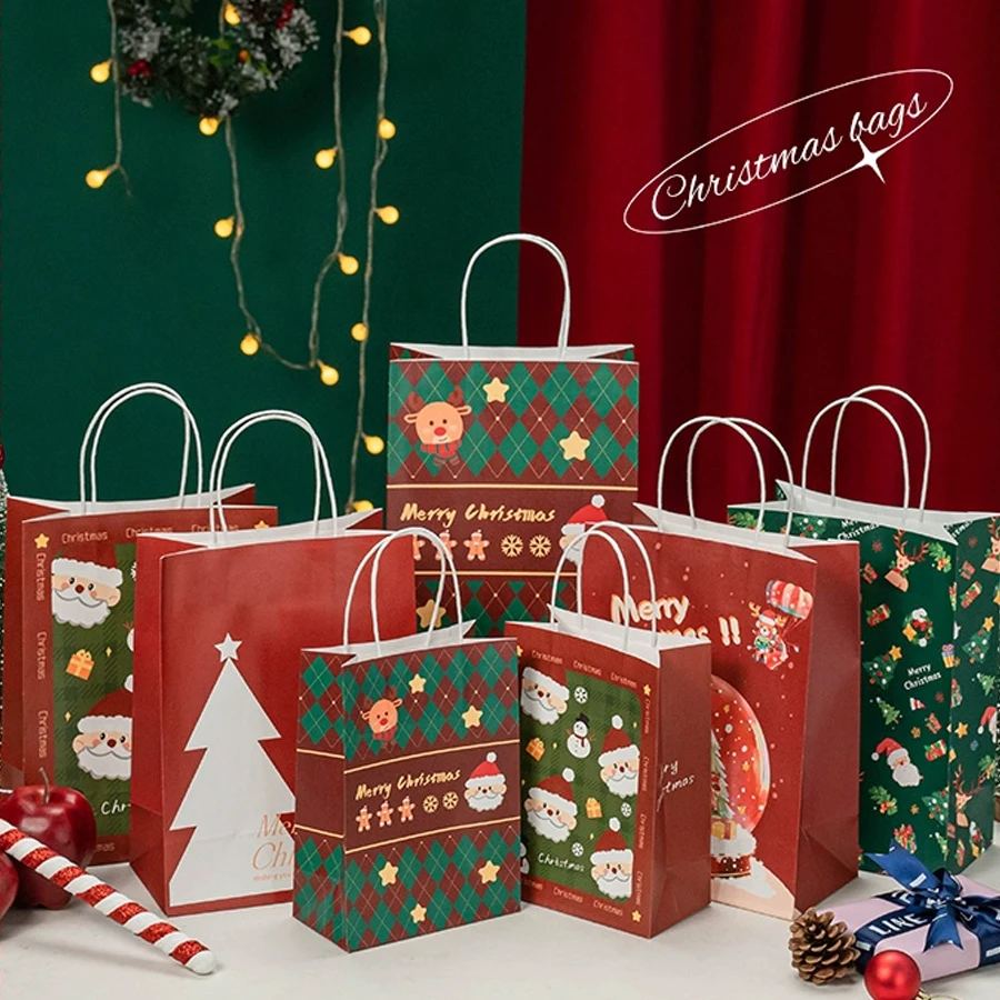 Christmas Gift Bag Tote Bag Kraft Paper Bag Santa Claus Red Apple Bag With Handle Custom