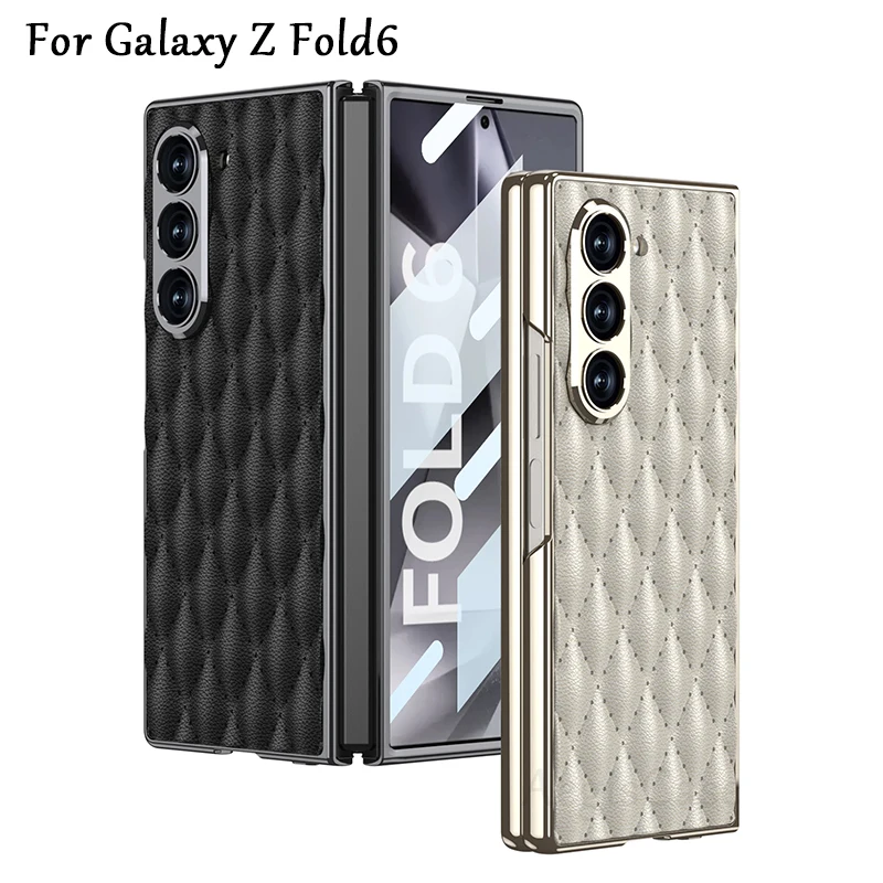 Para Samsung Galaxy Z Fold 6 funda de cuero de diamante de lujo chapado pantalla de cristal cámara cubierta protectora para Galaxy Z Fold6 5 funda