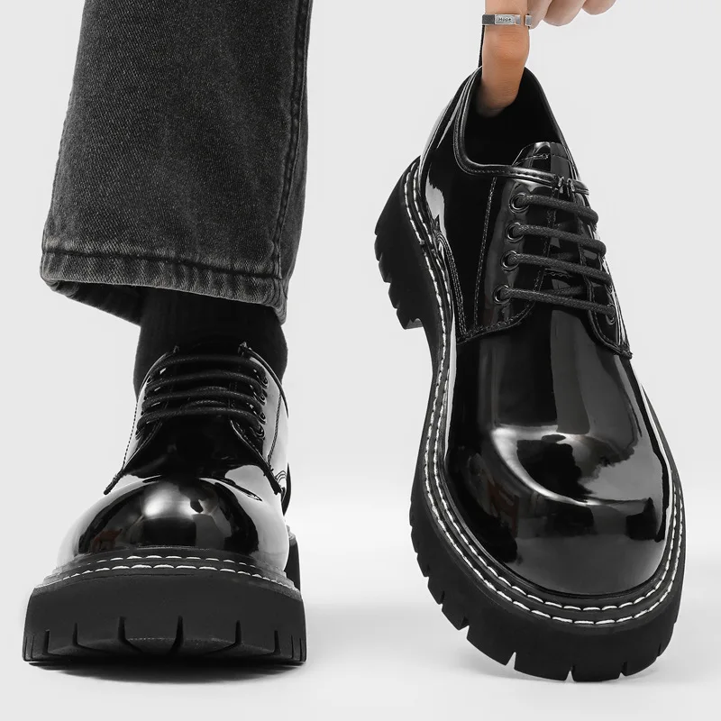 

England style mens casual wedding party patent leather shoes lace-up derby shoe black trendy platform sneakers handsome footwear