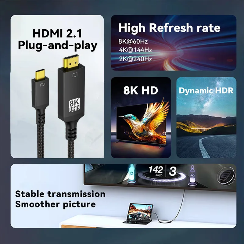 CYANMI USB C to HDMI Cable 8K 4K Type C to HDMI 2.1 Thunderbolt 3 4 to 8K60Hz 4K120Hz for iphone 15 Series MacBook Huawei Mate30