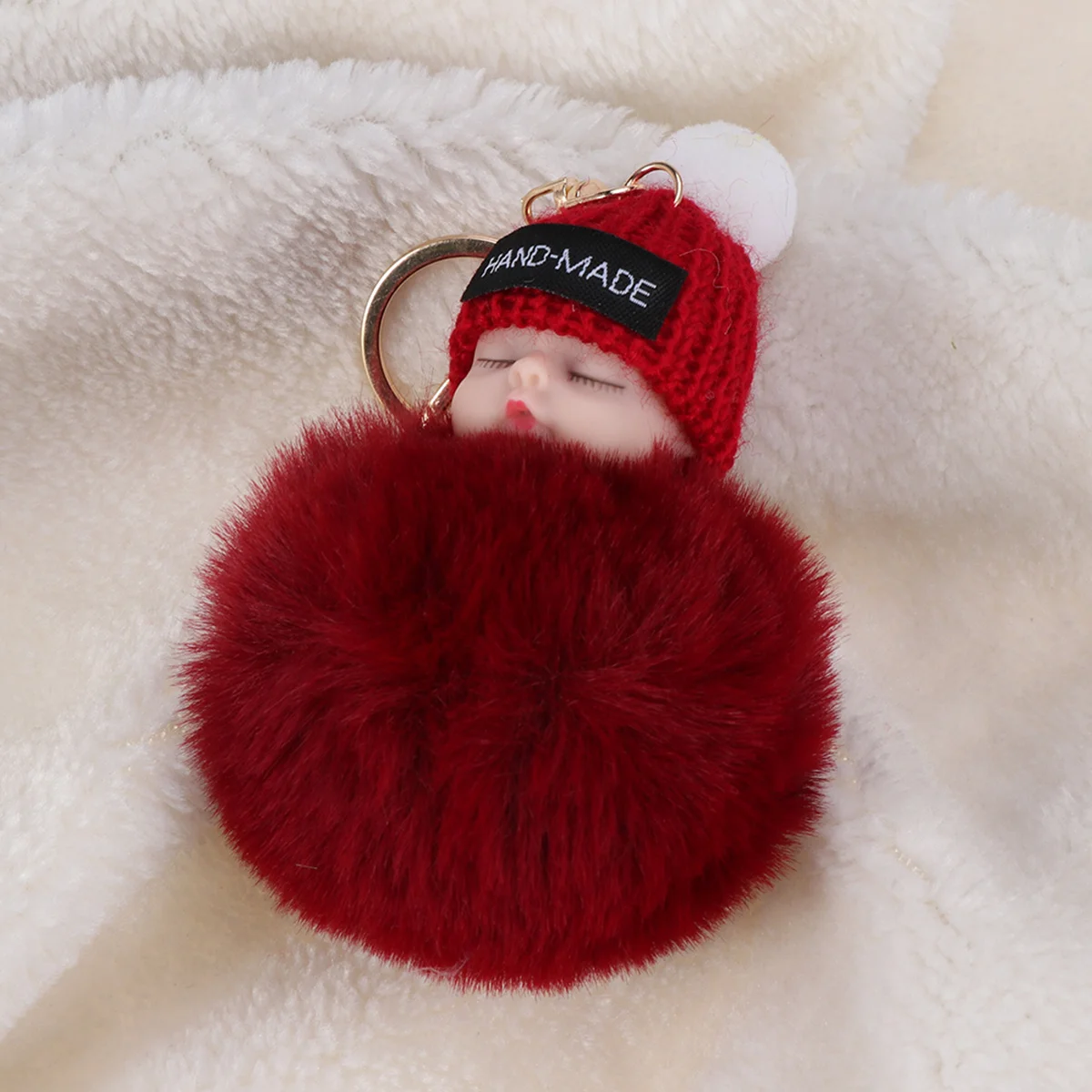 

Sleeping Baby Keychain Pom Pom Soft Wine Red Hanging Pendant Decorative Lovely Organize Keys and Gift Baby Key Chain