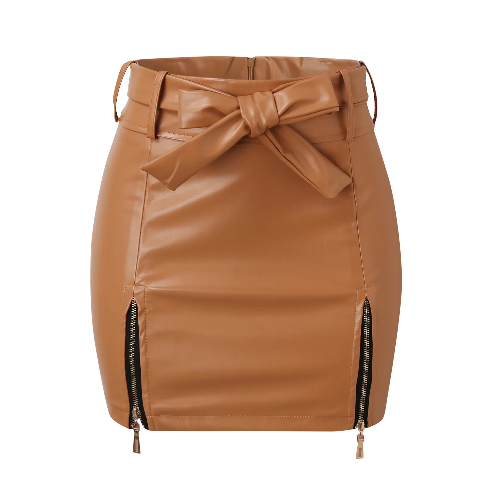 Female Leather Half Length Skirts High Waist Slim Fit A Line PU Mini Zipper Skirts Waistband Zipper Strap Wrap Hip Short Skirt