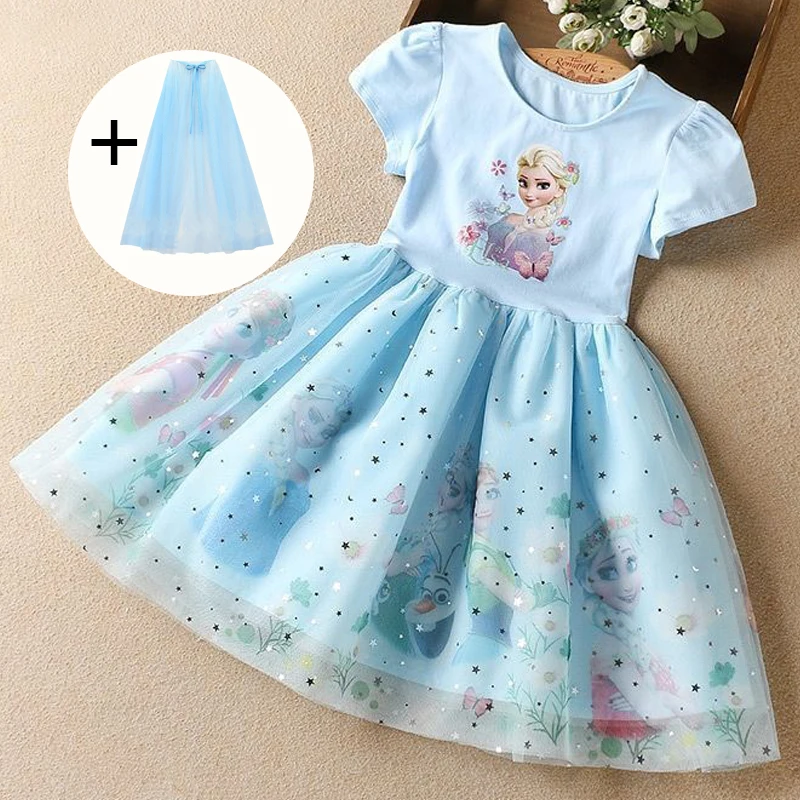 New Summer Girls Dress Cloak Short sleeve Disney Kids Clothes Blue for Children Birthday Party Frozen Elsa Anna Princess Dresses