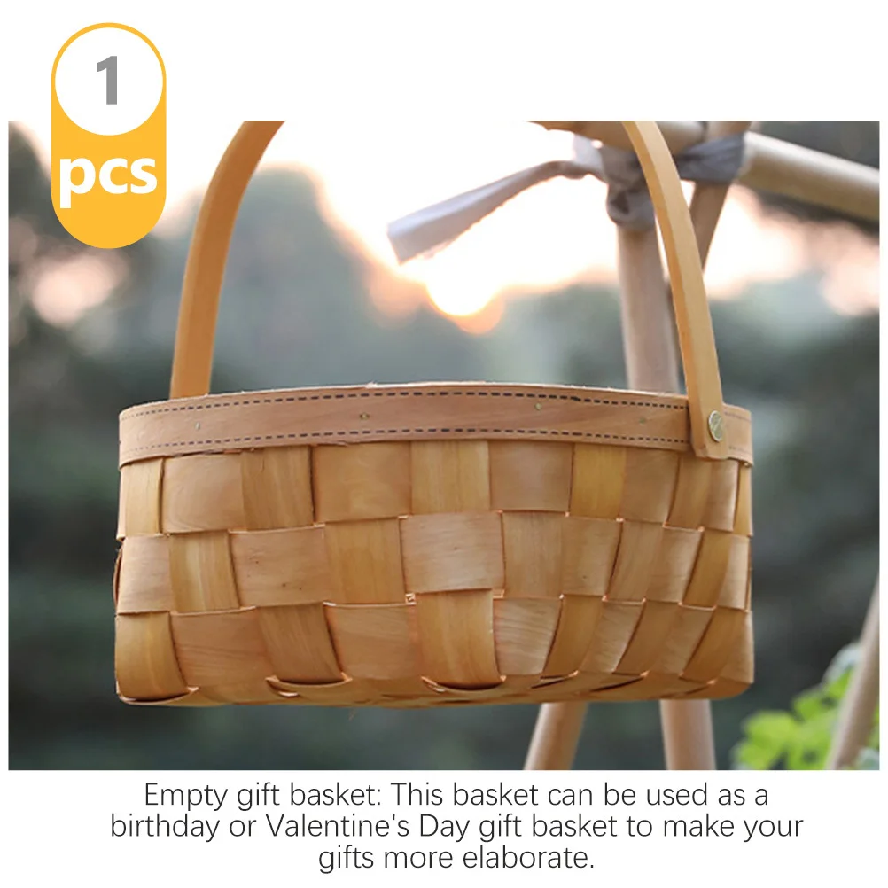 

Natural Wood Chip Woven Basket with Sturdy Handle Multi-Use Picnic Outdoor Storage Organizer for Fruits Vegetables Flowers Gift