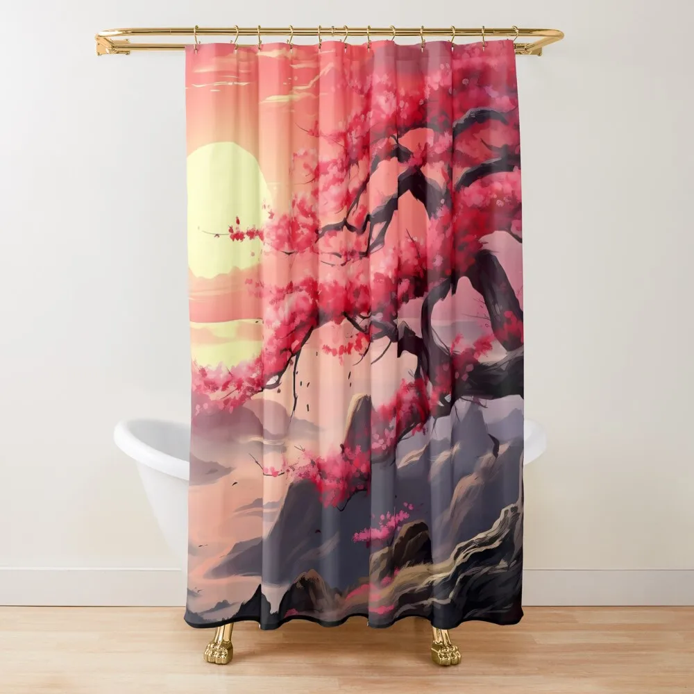 

Japanese cherry blossom - mountainside sunset Shower Curtain Bathtub For Bathrooms Transparent Bathroom Shower Curtain