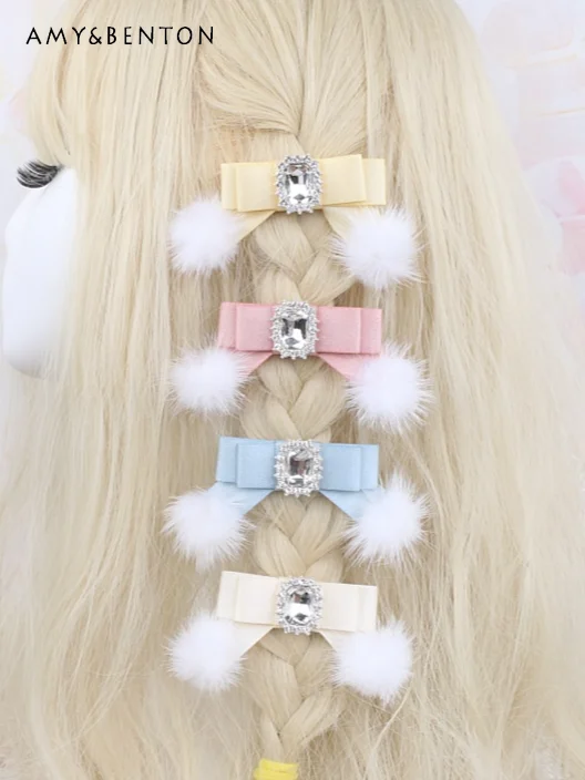 Handmade Japanese Style Sweet Flash Silver Rhinestone Mink Hair Ball Bow Hair Clips for Girls Kawaii Princess Hair Accessories