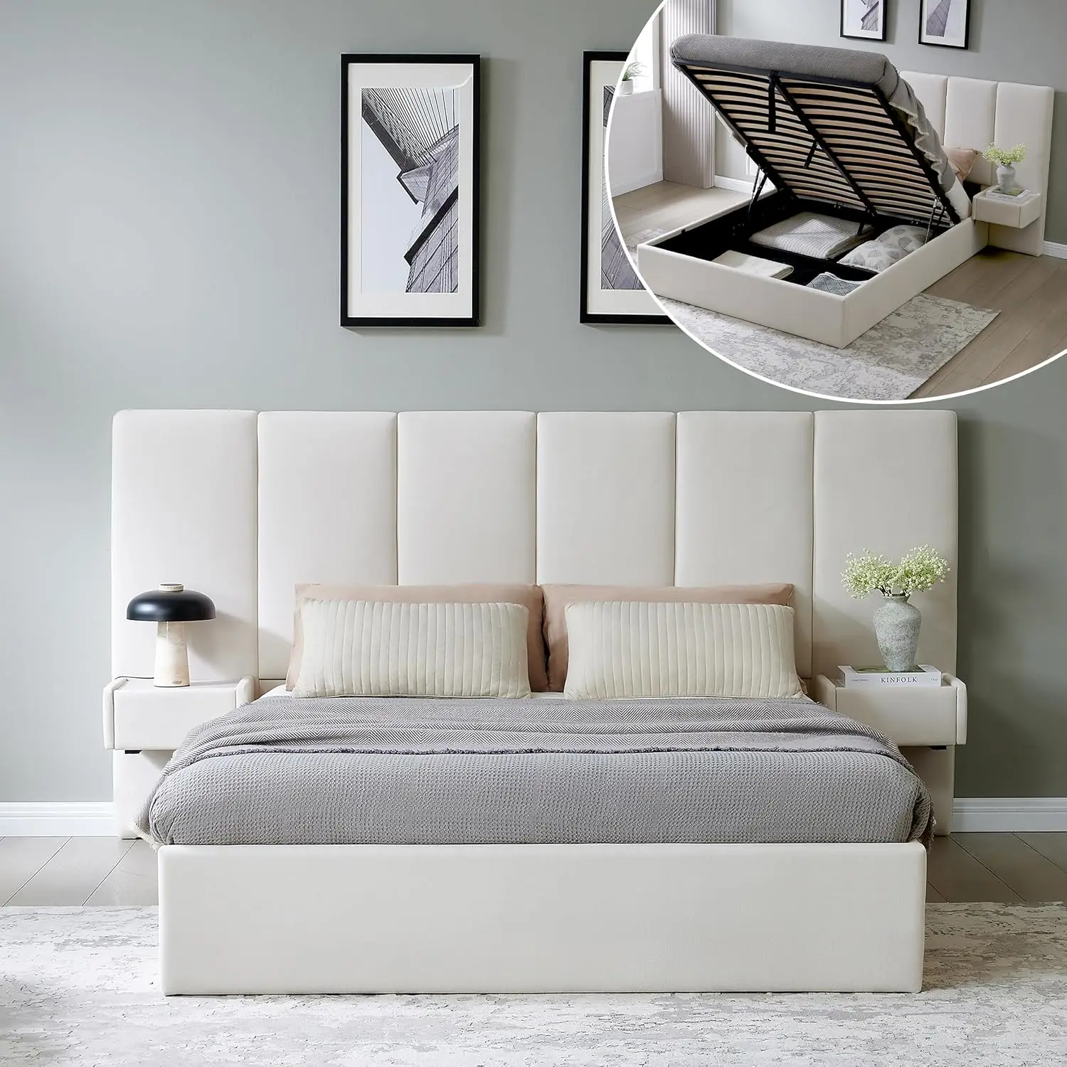 Queen Lift Storage Bed Frame with 2 Nightstands, Beige, Customized