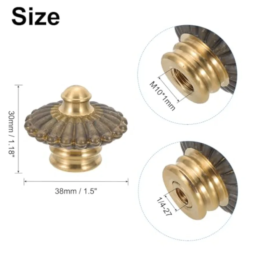 38 x 30mm Lamp Finials Caps Knob, 1 Set Solid Brass Lamp Shade Top Decoration Screw Cap Nuts with Brass Reducing Adapter for Ta