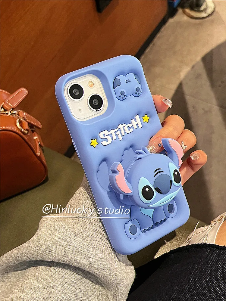 

For iPhone 14 Plus 16 15 Pro Max 11 12 Pro 13 Pro Max Plus Cute Stitch Head Grip Tok Holder Silicon Soft 3D Cartoon Phone Case