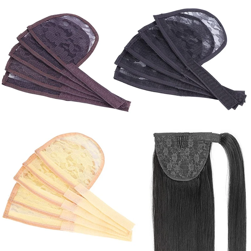 Filet à cheveux pour queue de cheval, 5 pièces/lot, Base en dentelle pour queue de cheval noire avec sangle réglable, filet sans colle de haute qualité