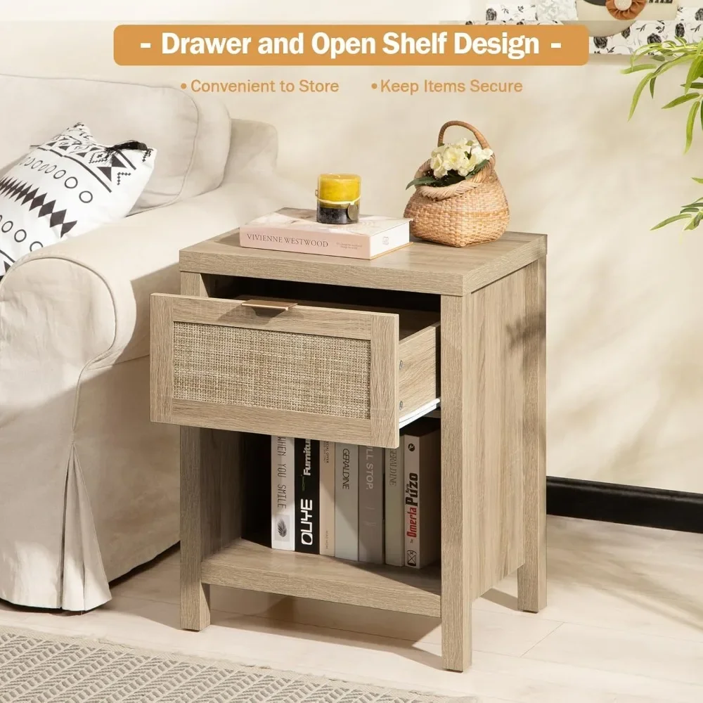 Rattan Night Stands,  with Drawer and Open Shelf for Bedroom